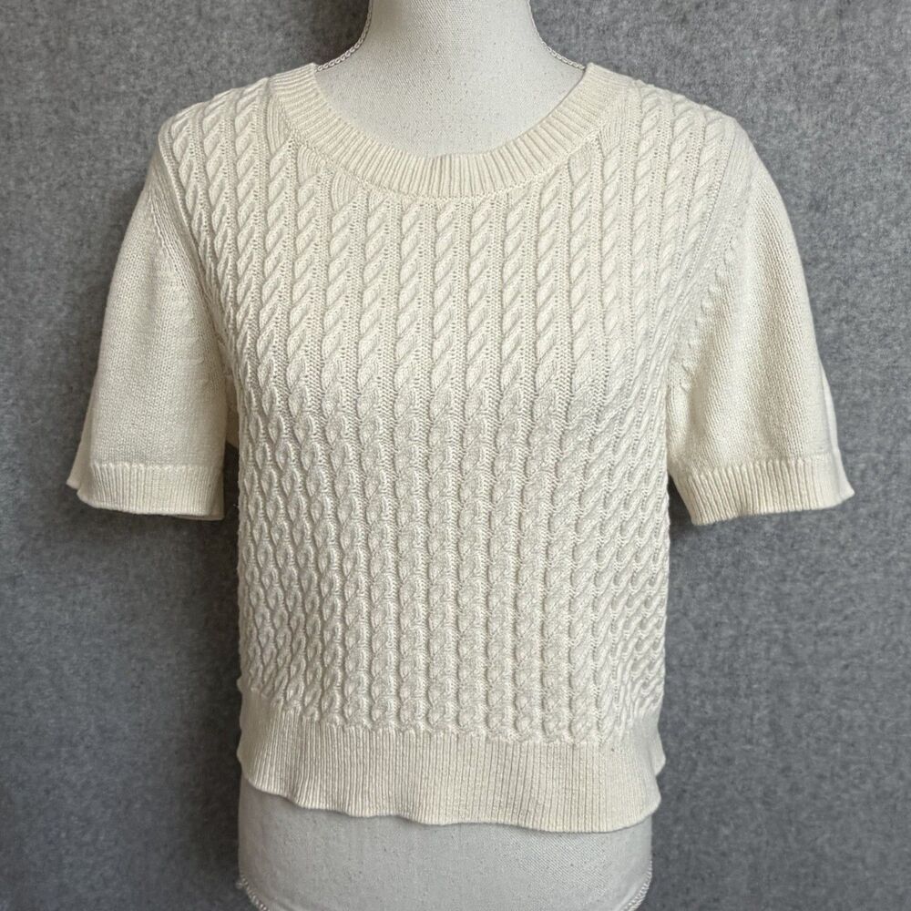 Michael Kors Sweater Women's L Cable Knit Crewneck Short Sleeve Bone Ivory